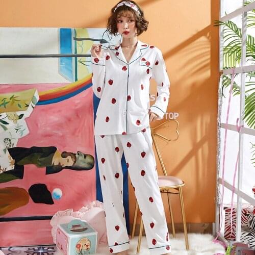 Spring And Autumn Strawberry Pajama Pants Cotton Long Sleeve Sweet Household Set