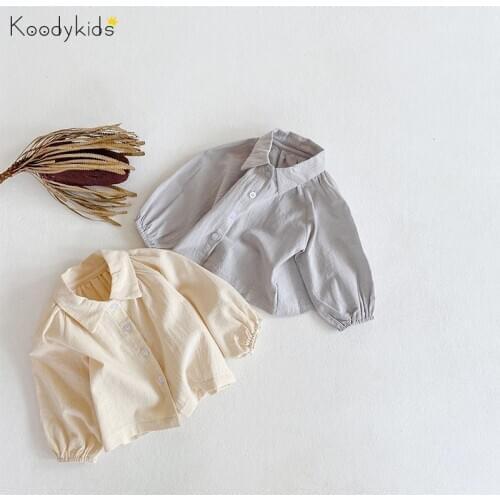 Koodykids 2021 Spring Baby Girl Cotton Shirt Long Sleeve Soft Cotton Shirt Grey Toddler Girl Vintage Simple Tops Shirts Autumn