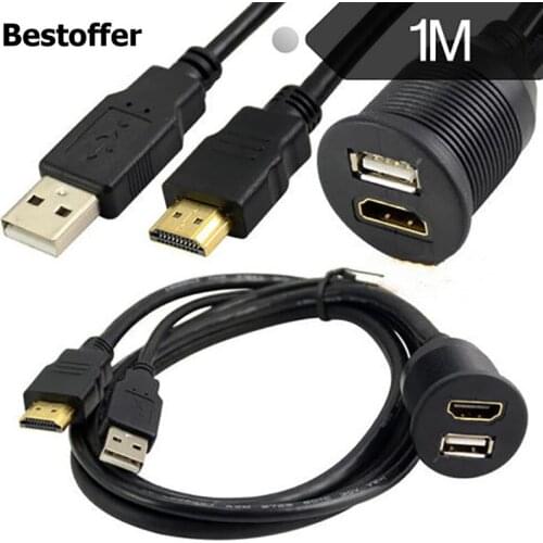 Waterproof Dash Flush Mount USB2.0 HDMI Male to Female Extension Cable for Car Moto Boat 1 Meter Length