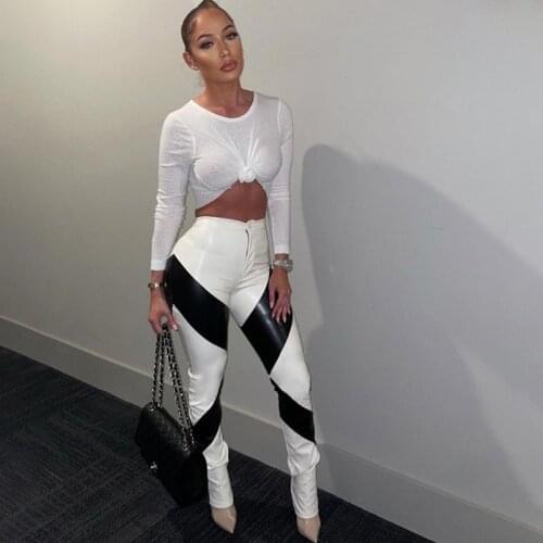 Black White Splice Color Street Style PU Imitation Leather Patchwork High Waist Straight Casual Pants For Female