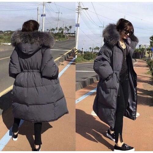 Shaped waist white duck oversize down coat womens long outewear coats 2019 new winter large fur collar loose jacket hooded coat