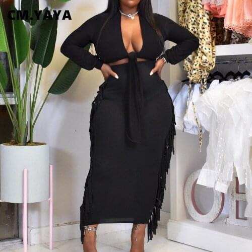 Lemon Gina Women Skirt Sets Solid Cleavage Sexy Two 2 Piece Sets Bandage Tops + Tassel Skirts Ladies Fashion Outfits Autumn 2021
