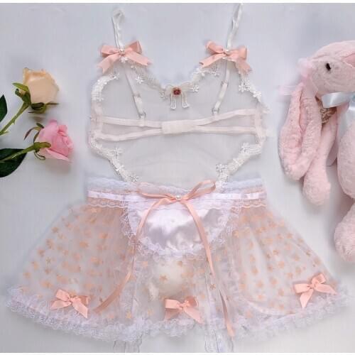 Cute Buuny Girl Costume Sexy Underwear Lace See Through Babydoll Women Pink Maid Transparent Exotic Set Kawaii Cosplay Lingerie