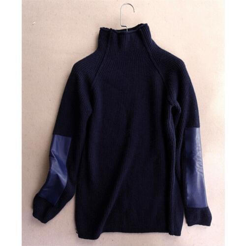 Goat cashmere solid thick knit women fashion high collar patchwork sleeve pullover sweater dark blue 2color S-2XL
