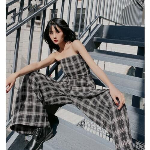 Womens spring summer strapless plaid thin jumpsuit female summer sleeveless backless long checked pants overall TB1238