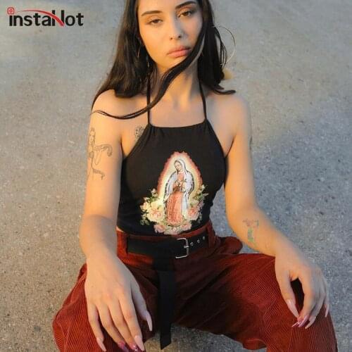InstaHot Casual Summer Crop Top Halterneck Sexy Women Backless Printed Slim Harajuku Sleeveless Camisole 2021 Y2K Camis Female