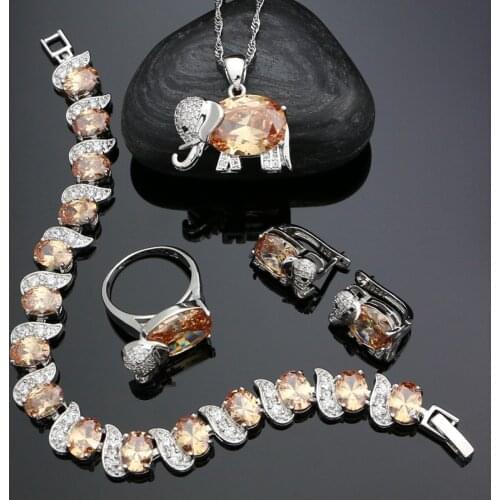 925 Silver Bridal Jewelry Sets For Women Champagne Cubic Zirconia Animal Stud Earrings Pendant Necklace Ring Bracelet Sets