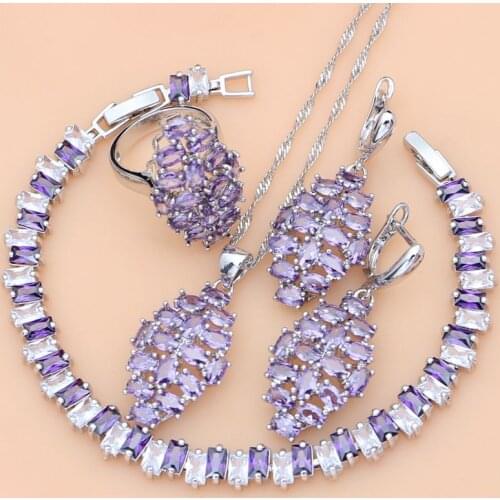 Women 925 Sterling Silver Jewelry Sets Purple Amethyst Stone Earrings Rings Fashion Accessories Wdding Necklace Set Dropshipping