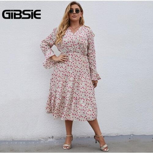 GIBSIE Plus Size Surplice Neck Print Long Dress Women Boho Casual Flared Long Sleeves Sweet Ladies Ruffle Hem Dresses 2021 New