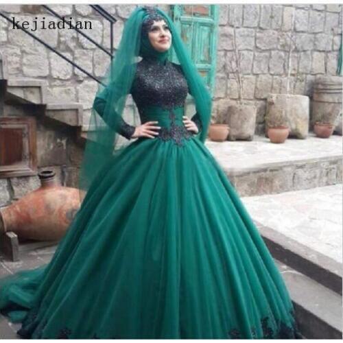 Green long sleeve muslim wedding dress ball gown lace applique wedding gown Bridal Gown Custom Vestidos De Novia