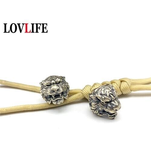 Animal Tiger Head Brass Umbrella Rope Beads DIY Knife Accessory Retro Keychain Pendant EDC Outdoor Survival Tool Lanyard Hanging