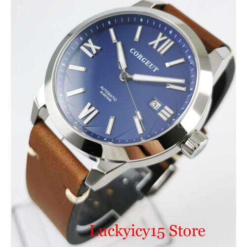 2020 New Arrival Sapphire Glass CORGEUT Automatic Men Wristwatch Date Function Blue Dial Leather Strap Polished Case