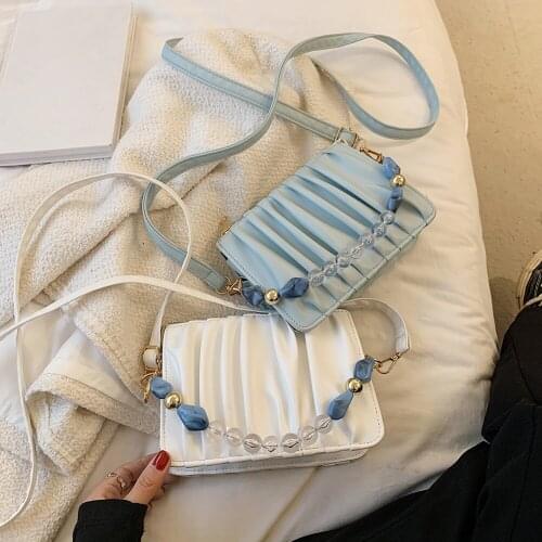 2021 Fashion Solid Color Pleated Tote Bag Vintage Women Pleated Bead Chian Solid Color PU Leather Crossbody Shoulder Bag