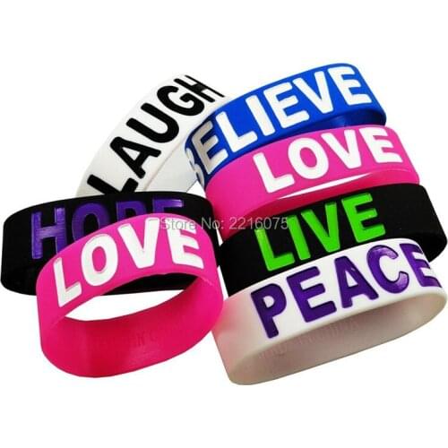 300pcs One inch Religious Love Laugh Live Hope Peace Believe wristband silicone bracelets free shipping by DHL express