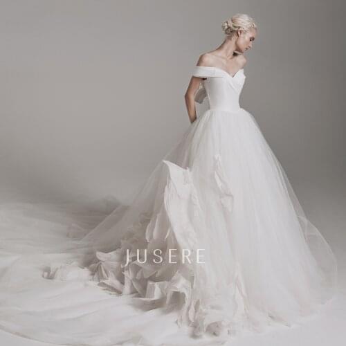 A-line off the shoulder white bridal dress wedding dress zipper bridal gown with chapel train