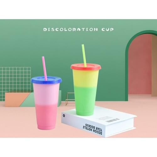Color Changing Cold Drink Cups Reusable Temperature-Sensitive Plastic Colorful Coffee Cup with Lids and Straws Festive Gift