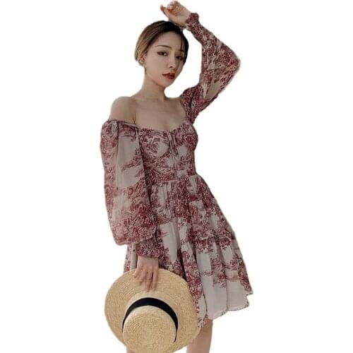 Elegant Dress Women 2021 New Vintage Sketch Manor Print Square Collar Long Sleeves Slim Holiday Beach Dresses Female LR1360