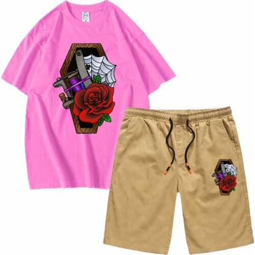 Mens Set Tattoo rose cotton T Shirts sportswear Shorts casual Short sleeved sets O Neck short sleeve tees wholesale men clothes