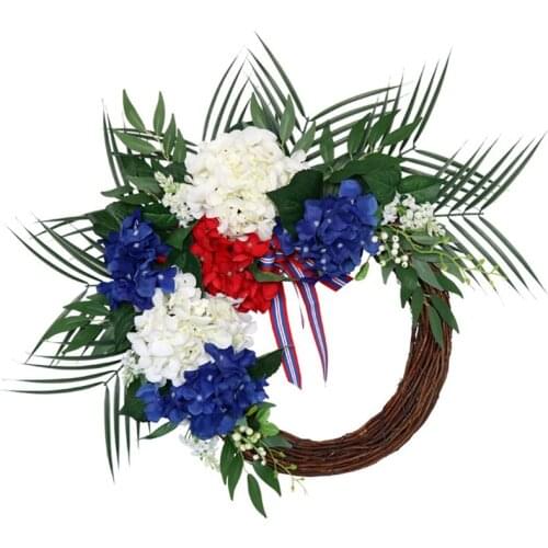 Artificial Hydrangea Wreath American Flag Day Independence Day July 4Th Wreath For Front Door Wall Window Decoration-ABUX