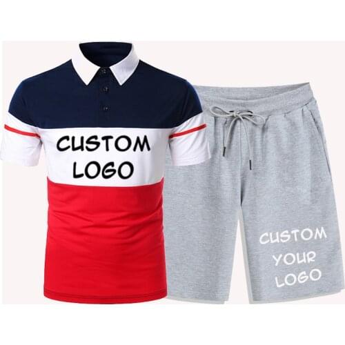 Custom Logo Contrast Color Polo Shirt Tracksuit Mens Short Sleeve Summer Casual Beach Shorts + Polo Shirt 2-Piece Set
