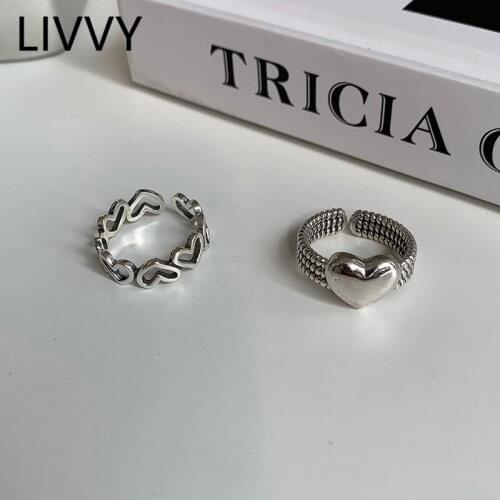 LIVVY Silver Color LOVE Heart Rings For Women Couples New Fashion Vintage Punk Hollow Geometric Party Jewelry Gifts Trend