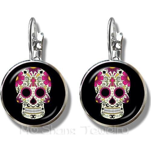 Mexico Candycolor Skeleton Earrings Glass Dome Bohemia Silver Plated French Hook Earrings Trendy Jewelry Day Of the Dead Gifts
