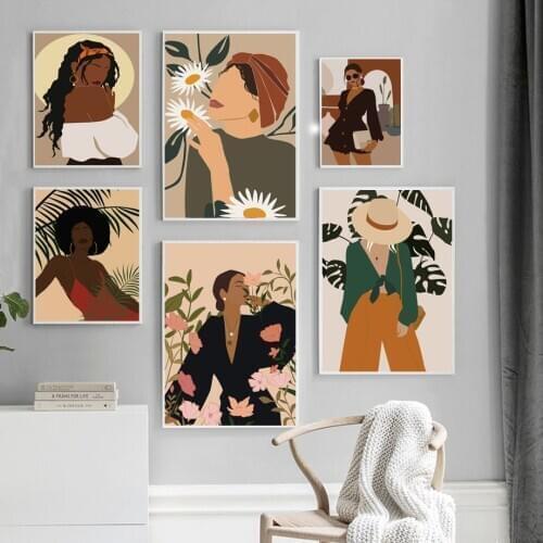 Fashion Girl Flower Leaves Minimalist Abstract Wall Art Print Canvas Painting Nordic Poster Wall Pictures For Living Room Decor