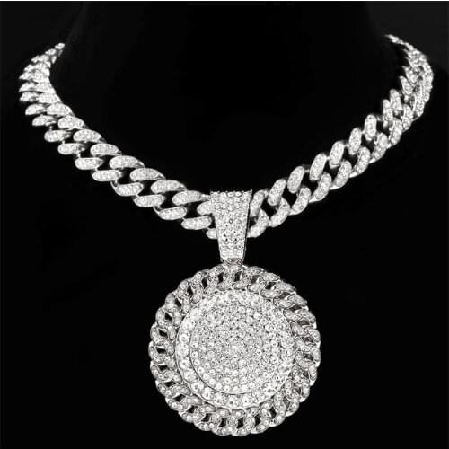 New Iced Out Full Cubic Zircon Sunflower Pendant Necklace For MenS Crystal Hip Hop Miami Cuban Chain Jewelry Gift
