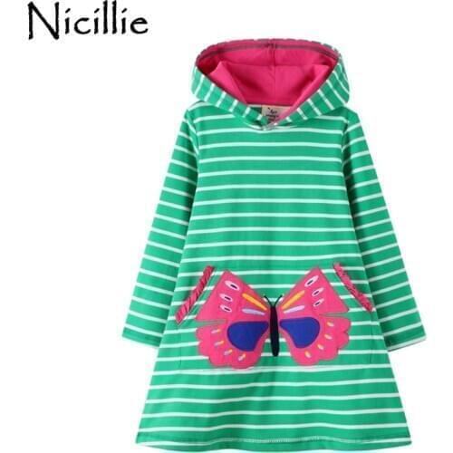 Nicillie Autumn Winter Girls Dress Baby Girl Cotton Clothing Striped Butterfly Dress For Girls Casual Children Hooded Dress 2-7Y