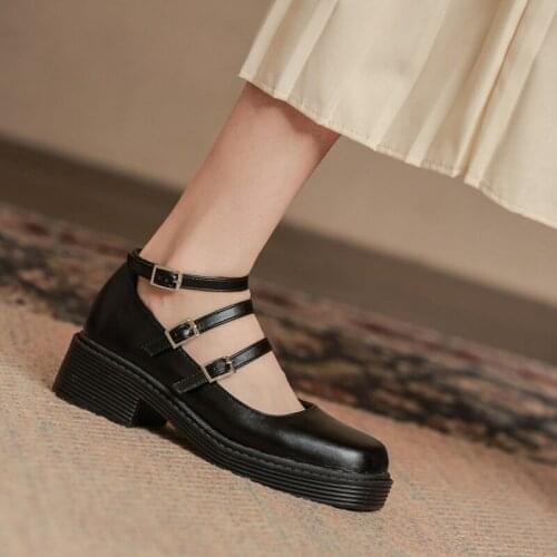 New Arrival Vintage Mary Jane Thick Square High Heeled Platform Sandals Women Ankle Strap 3 Buckles Dress Casual Shoes Autumn