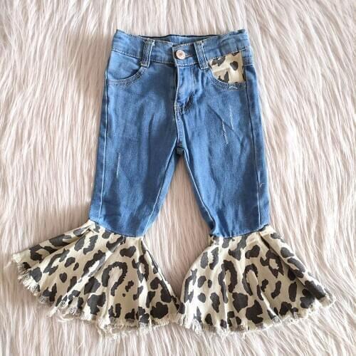 New arrival baby girls sweet jeans girl leopard and ruffle design denim pants kids high quality pants