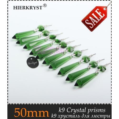 HIERKRYST 10 pcs/lot Green Chandelier Glass Crystals Lamp Prisms Parts icicle Hanging Pendants 50mm 2" #2015B