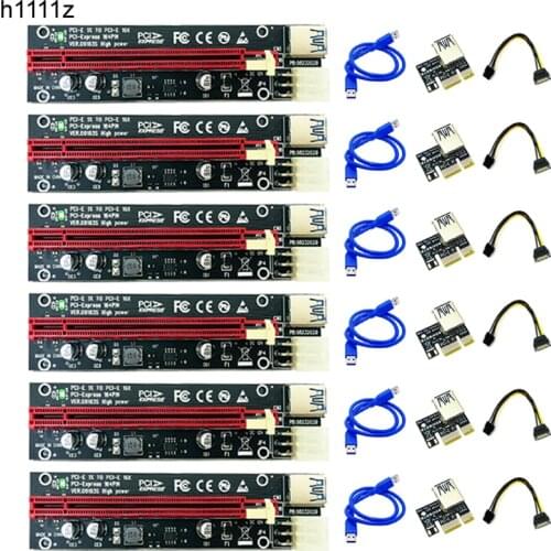 6PCS PCIE Riser PCI Express X16 Cabo Riser Card Riser PCIE X16 Extender PCI E USB 3.0 Cable 6Pin SATA Power LED for Miner Mining