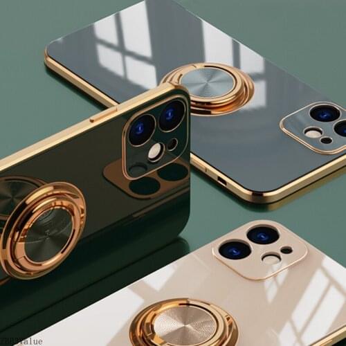 Luxury Ring Case For iPhone 12 11 Pro Max XS XR X S 7 8 Plus SE 2020 Mini Plating Silicone TPU Soft Cover With Ring Holder Stand