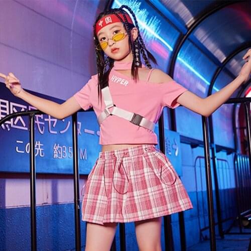 Pink Hiphop Jazz Dance Costume Girls Stage Costume Off-Shoulder Tops Lattice Skirt Singing Dancing Performance Clothing VDB4083
