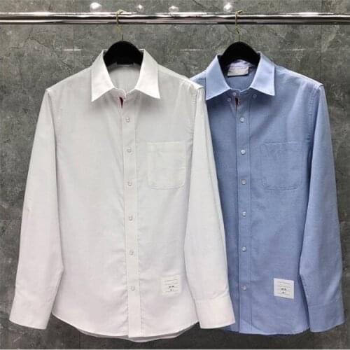 2021 Fashion TB THOM Brand Shirts Men Slim White Long Sleeve Casual Shirt Turn Down Collar Oxford Striped Solid Mens Clothing