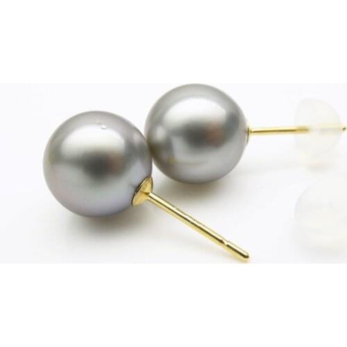 9-9.5mm Natural Gray Real Tahitian Cultured Pearl Stud Earrings 18K Yellow Gold