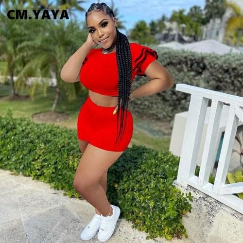 CM.YAYA Women Set Solid Short Flare Sleeve Cropt Tops Strechy Shorts Two 2 Piece Sets Active Tracksuit Casual Outfits Summer