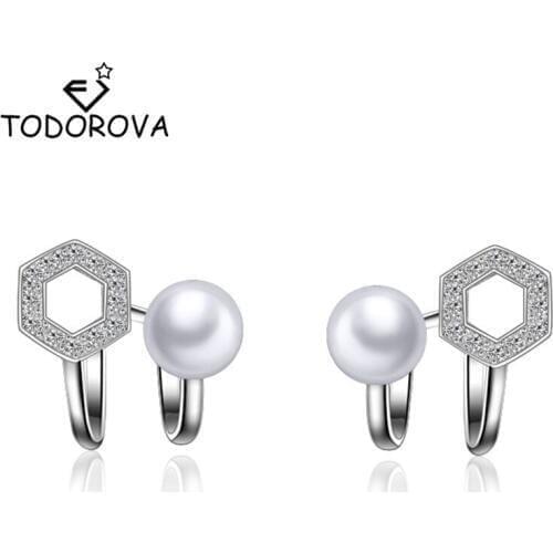 Todorova New Korean Design Fashion Imitation Pearl Hexagram Geometric Sweet Stud Earrings for Women Girl Party Gift Jewelry