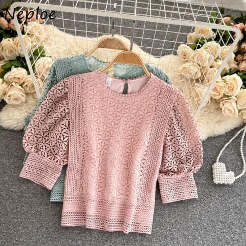 Neploe Vintage Court Style Lace Blouse Women O Neck Long Sleeve Pullover Blusas Spring 2021 New Shirt Feminino Work Style Ol
