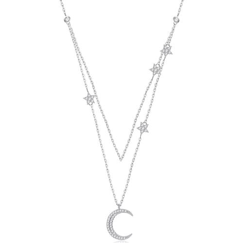 ZEMIOR Genuine 925 Sterling Silver Moon & Star Double Layers Chain Pendant Necklaces For Women Shiny Zircon Silver 925 Jewelry