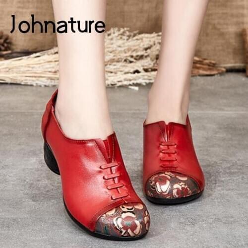 Johnature Pumps Women Shoes 2021 New Spring/Autumn Genuine Leather Retro Casual Round Toe Handmade Shallow Concise Ladies Shoes