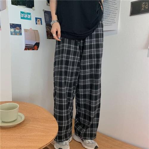 Women Vintage Hip-hop Loose Straight Plaid Pants 2021 Oversize 3XL Casual Wide Leg Trousers Ins Teens College Streetwear Popular