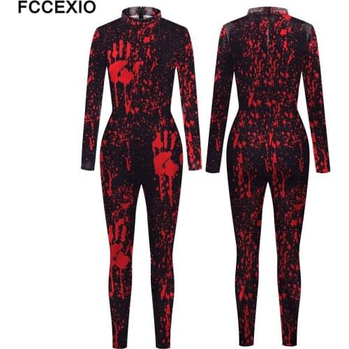 FCCEXIO Blood Fingerprint 3D Print Sexy Bodysuits Women Plus Size Long Sleeve Cosplay New Halloween Party Tight Jumpsuits
