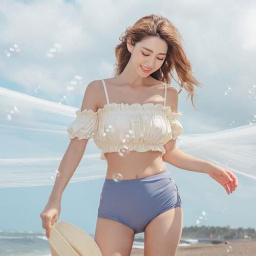 Korean Style Sexy Fold Womens Two Pieces Bikini Set Padded Off Shoulder Biquini High Waist Swimwear Swimsuit Beach Suit