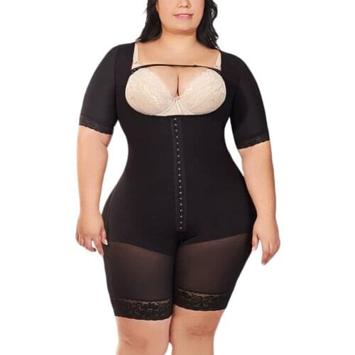 Women Post Liposuction Body Shaper Waist Trainer Short Sleeve Front Closure Bodysuit With Hook-eye Tummy Control Full Shapewear