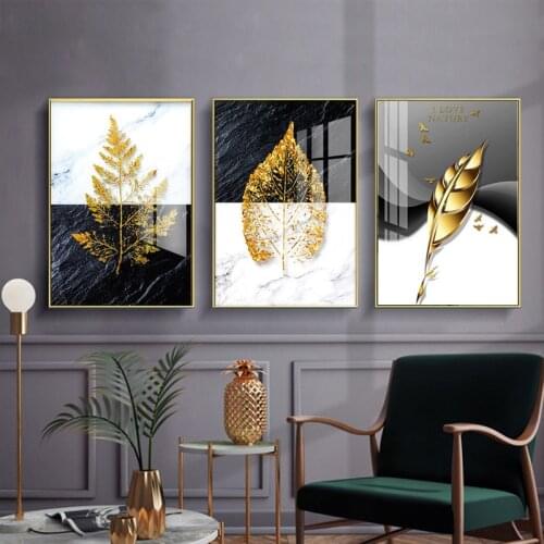 Abstract Golden Leaves Canvas Painting Nordic Black White Marbled Poster Print Modern Minimalist Wall Art Picture Home Decor