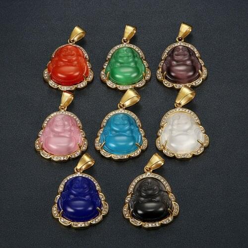 Buddha Necklace Women Men Stainless Steel Chain Colorful Cat Eye Stone Maitreya Buddha Pendant Necklace Amulet Healing Jewelry
