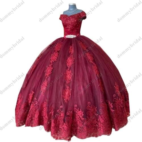 Elegant Burgundy Lace Ball Gown Off the Shoulder Quinceanera Dresses Crystal Rhinestones Applique Sweet 15 Formal Prom Dress