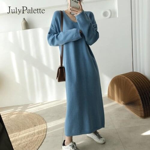 JulyPalette Casual Full Sleeve Women Sweater Long Dress Autumn Winter Oversize Knitted Dress Straight Loose Female Vestidos 2021